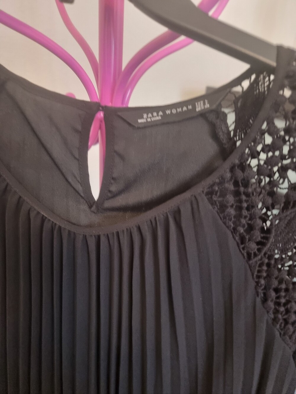 Zara Black Pleated Dress with Crochet Lace Sleeves